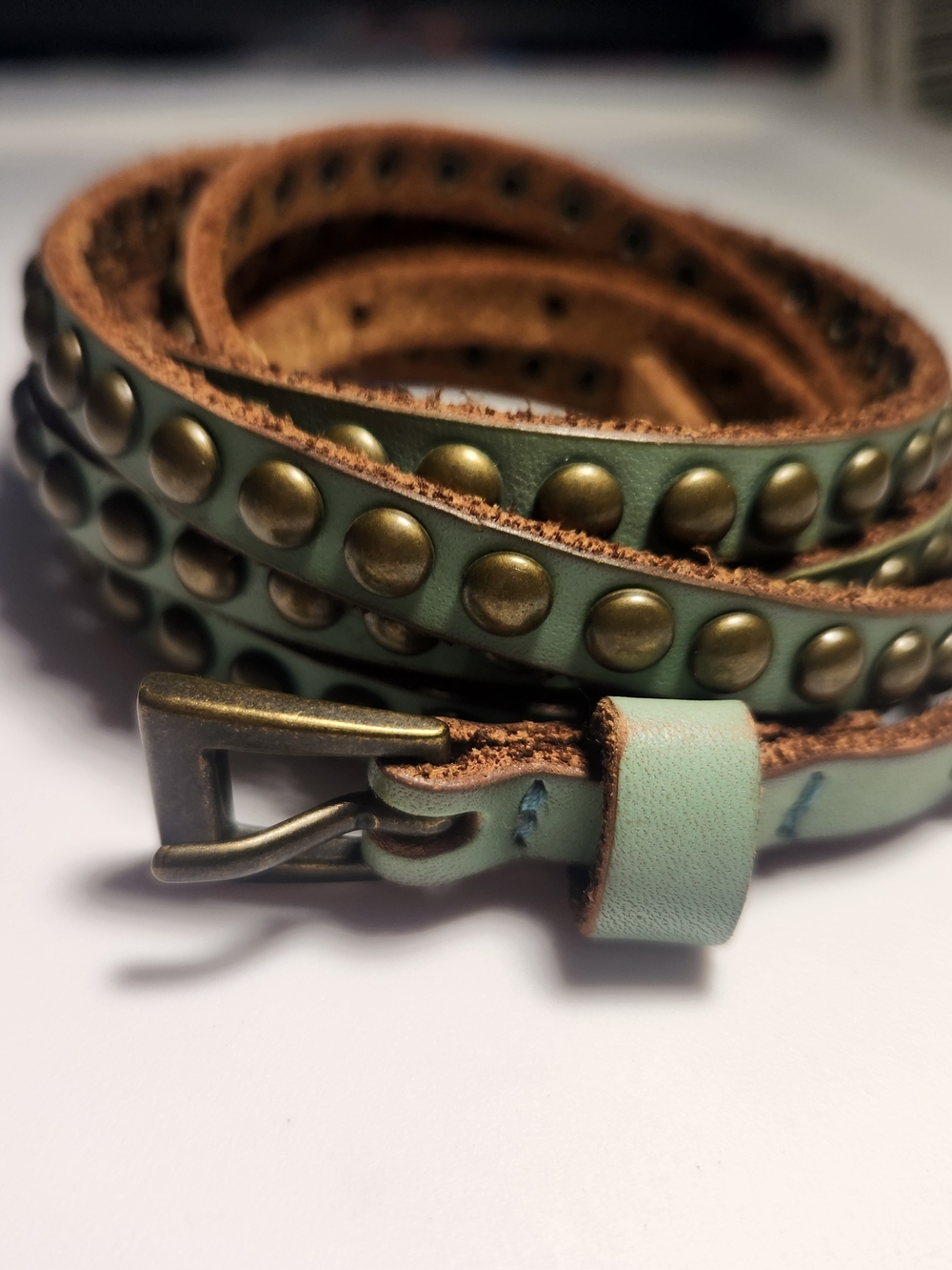 Y2K Boho Aqua Double-Wrap Skinny Studded Belt antique
